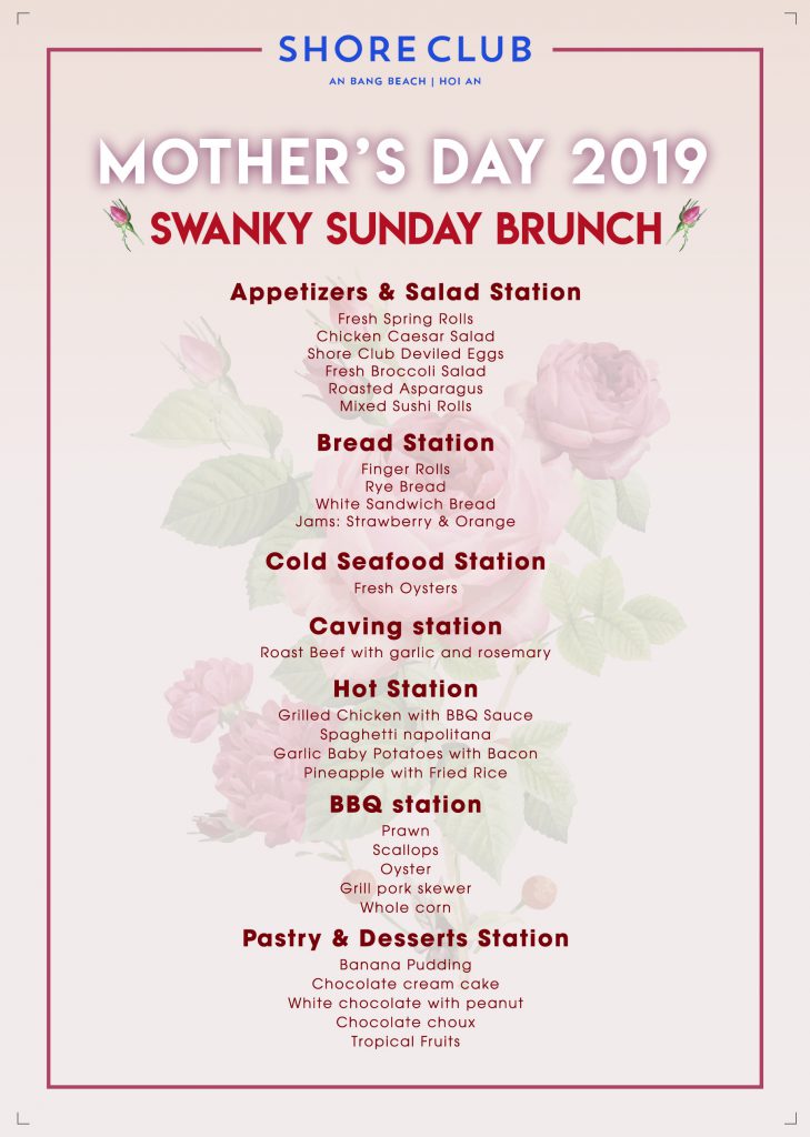 Buffet menu for Shore Club's Mother's Day 2019 celebration