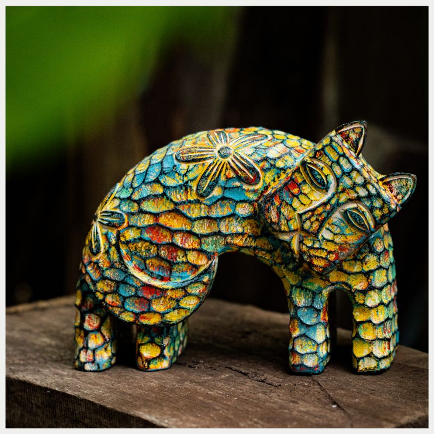 Colorful cat sculpture, handmade by Le Ngoc Thuan for the Cui Lu Collection in Hoi An, Vietnam