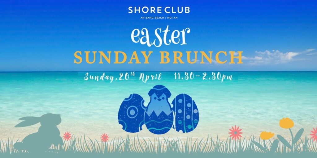 Elegant digital graphic for Easter Sunday Brunch at Shore Club, An Bang Beach, featuring a tropical beach setting, pastel Easter decorations, and a beautifully set brunch table overlooking the ocean.