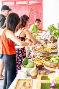 Guests indulging in a gourmet Sunday buffet at Shore Club, An Bang Beach, during Easter Sunday in Hoi An.